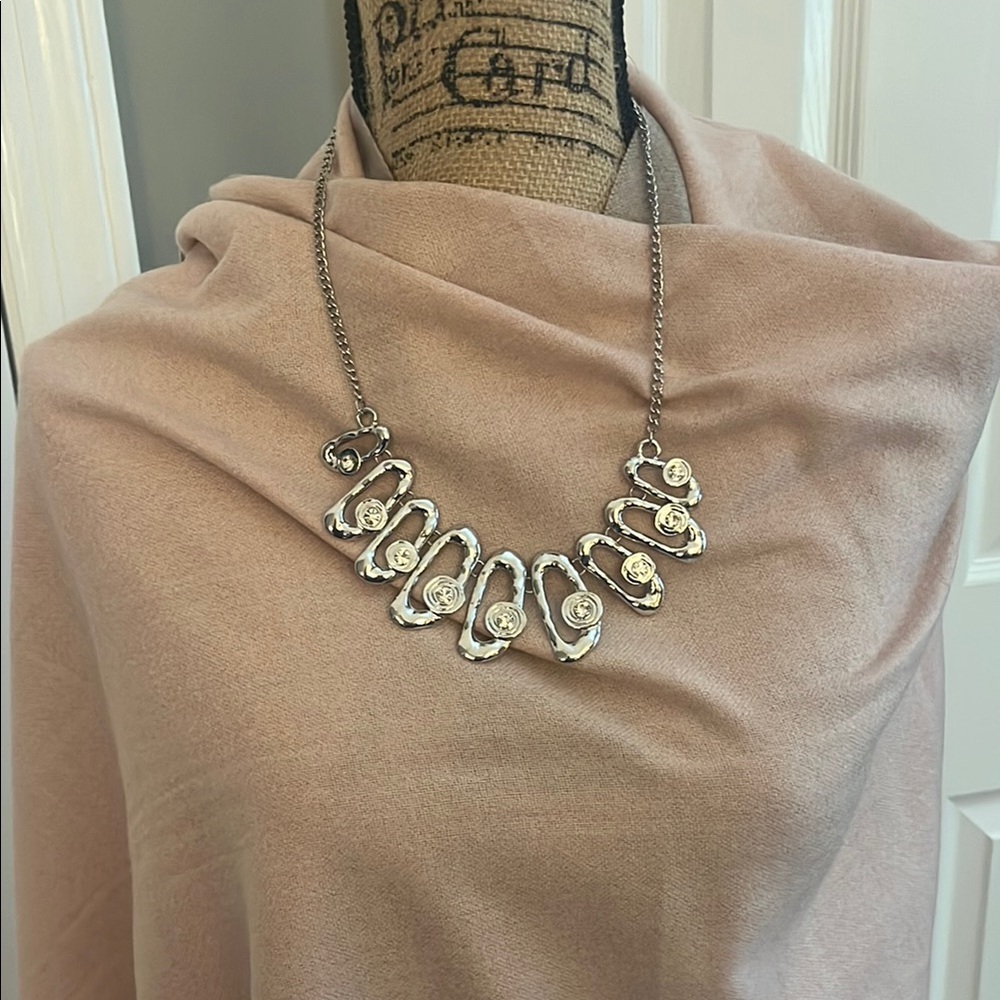 Funky Silver Tone and Rhinestone Necklace